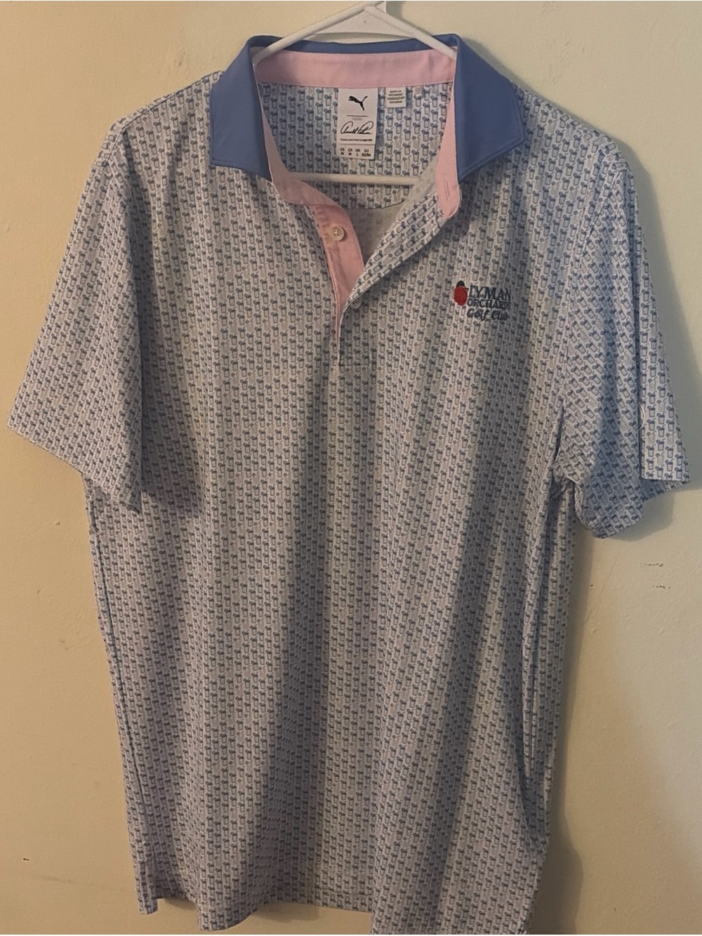 Puma x Arnold Palmer  Light Blue micro print Polo with Blue Collar  Pink Placket